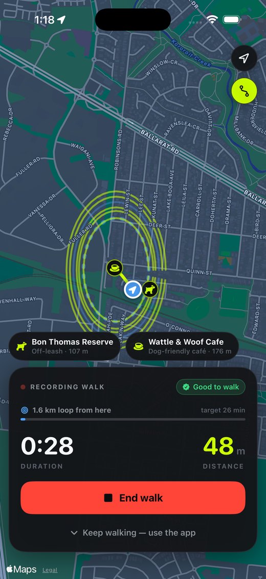 A walk in progress: the live map with the route walked so far, nearby off-leash area and dog-friendly café, and the duration and distance.
